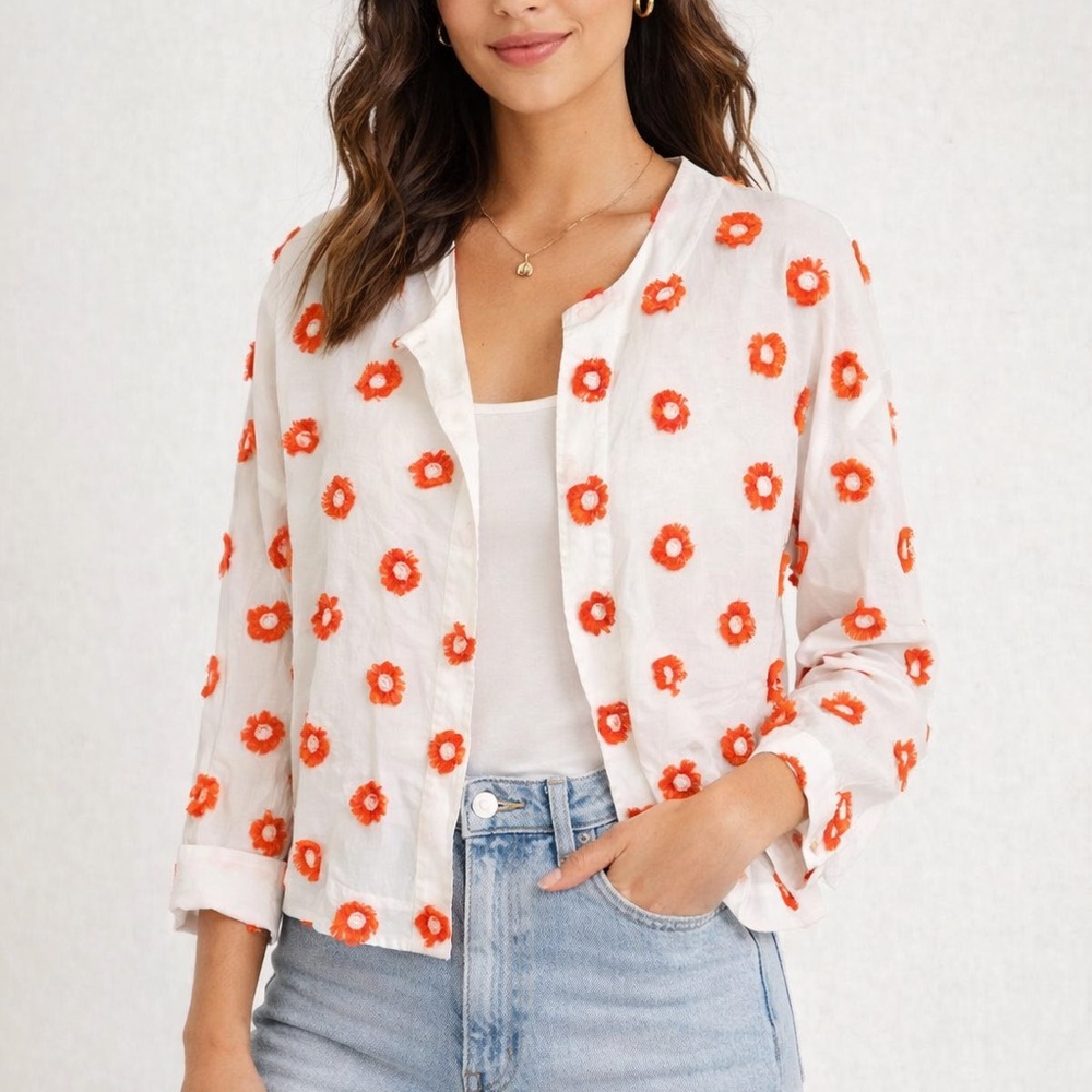 Women Casual Blazer - White with Orange embroidered flowers size L 100% Cotton